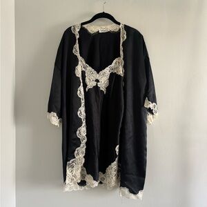 Dior Black Satin Lace-Trim Robe and Chemise Set